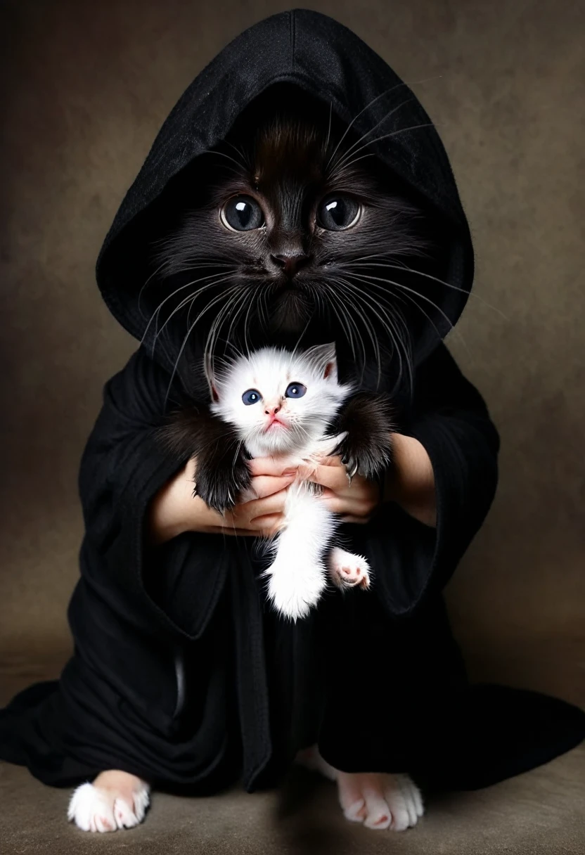 Create the most realistic death in a black robe in pitch black darkness holding real little kitten you can create,