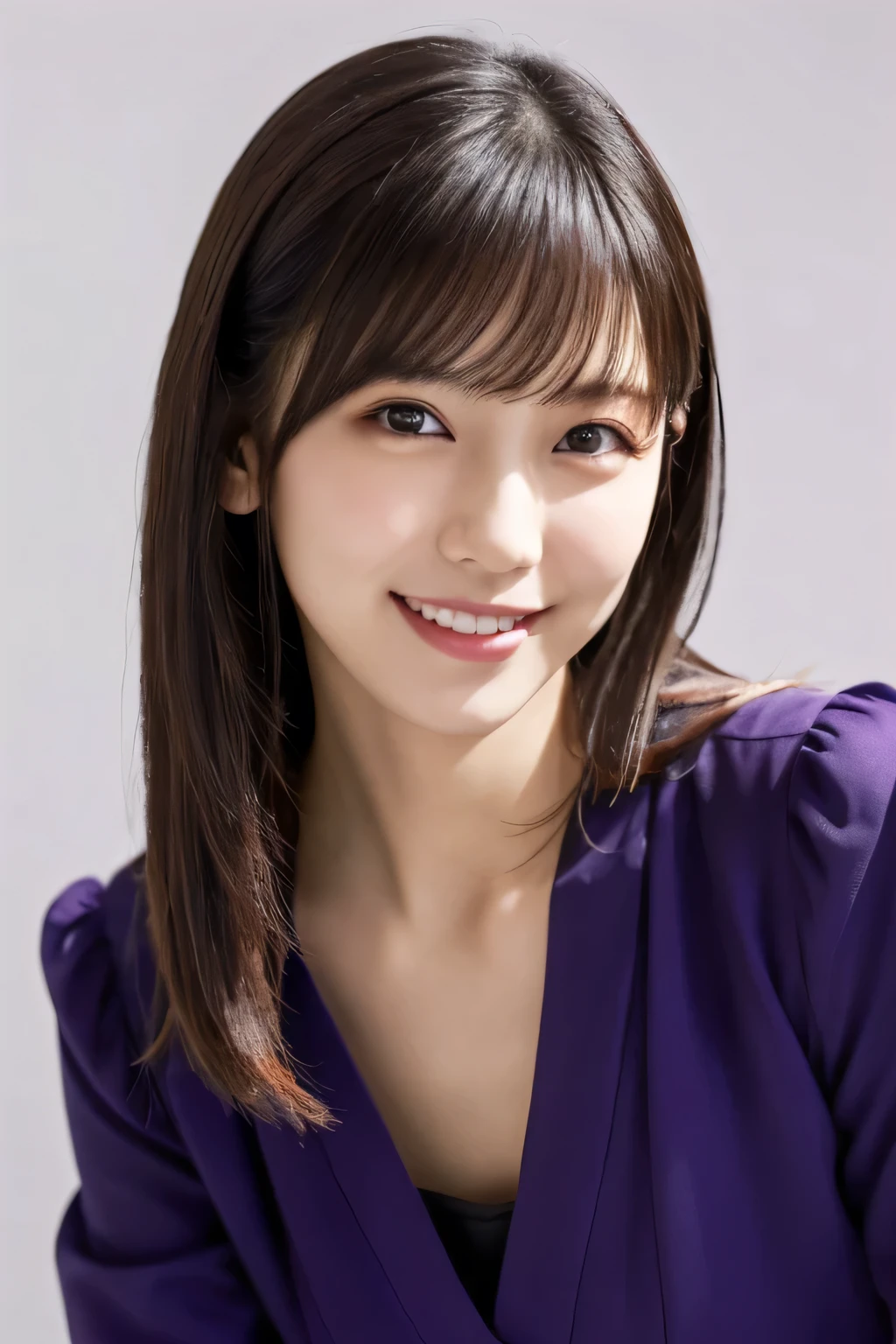 1 girl, (Wearing a deep purple outfit:1.2), Very beautiful Japanese idol portraits,
(RAW Photos, highest quality), (Realistic, Realistic:1.4), (masterpiece),
Very delicate and beautiful, Very detailed, 2k wallpaper, wonderful, finely, Very detailed CG Unity 8K wallpaper, Very detailed, High resolution, Soft Light,
Beautiful detailed girl, Very detailed目と顔, Beautiful and sophisticated nose, Finely beautiful eyes, Cinema Lighting,
(Simple light color background:1.3),
(Medium Hair),
Complete Anatomy, Slender body, Small breasts, smile