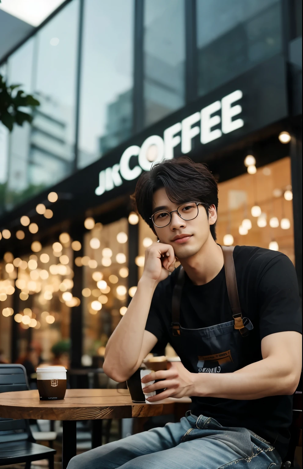 ((Man sitting on the outdoor cafe seat in front of the cafe.His right elbow is on the table.Lower body under the coffee table.In his left hand he holds a cup of coffee.))araffe sitting on a table with a cup of coffee in front of a building, male ulzzang, jc park, enjoying coffee at a coffee shop, south korean male, in a coffee shop, coffee shop, mid shot portrait, jung jaehyun, jinyoung shin, inspired by jeonseok lee, jaeyeon nam, steven jung, high quality portrait