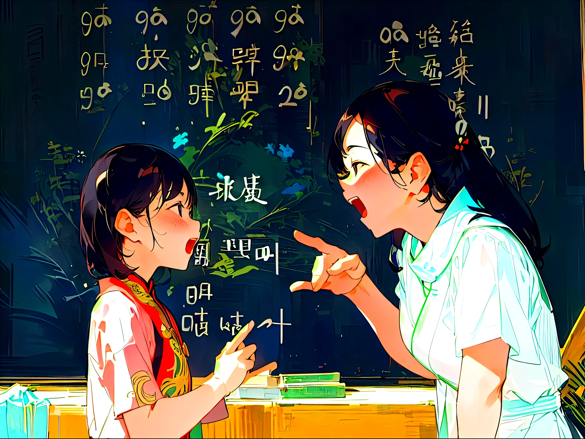 一位妇女和一个child站在黑板前, explaining, teacher, child们, as a strict school teacher ), Mother, teaching, , childs, child, scold, , girl, son, call out, deep knowledge, feng zhu |, Beijing, interesting, Motivating, interesting的,  mu pan, illustration], explain, child们's,Happy，Mother微笑