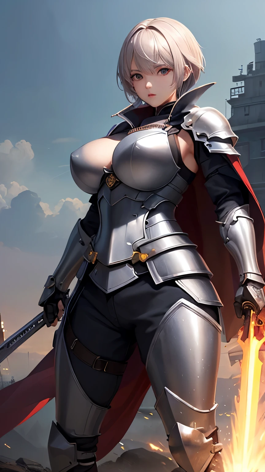 ((Highest quality))、((8K))、((Warrior))、((woman))、Slit eyes、((大人のwoman))、whole body、（armor）、((whole bodyarmor))、Parakeet Head、Short Hair、((battlefield))、Cape、((Real))、Big Breasts、pants