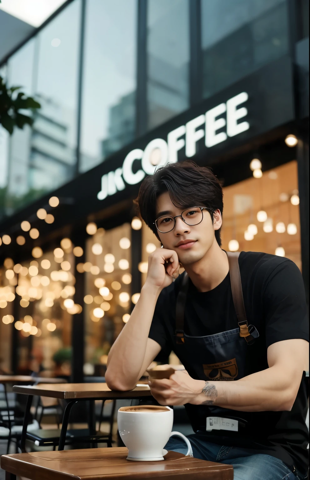 ((Man sitting on the outdoor cafe seat in front of the cafe.His right elbow is on the table.Lower body under the coffee table.In his left hand he holds a cup of coffee.))araffe sitting on a table with a cup of coffee in front of a building, male ulzzang, jc park, enjoying coffee at a coffee shop, south korean male, in a coffee shop, coffee shop, mid shot portrait, jung jaehyun, jinyoung shin, inspired by jeonseok lee, jaeyeon nam, steven jung, high quality portrait