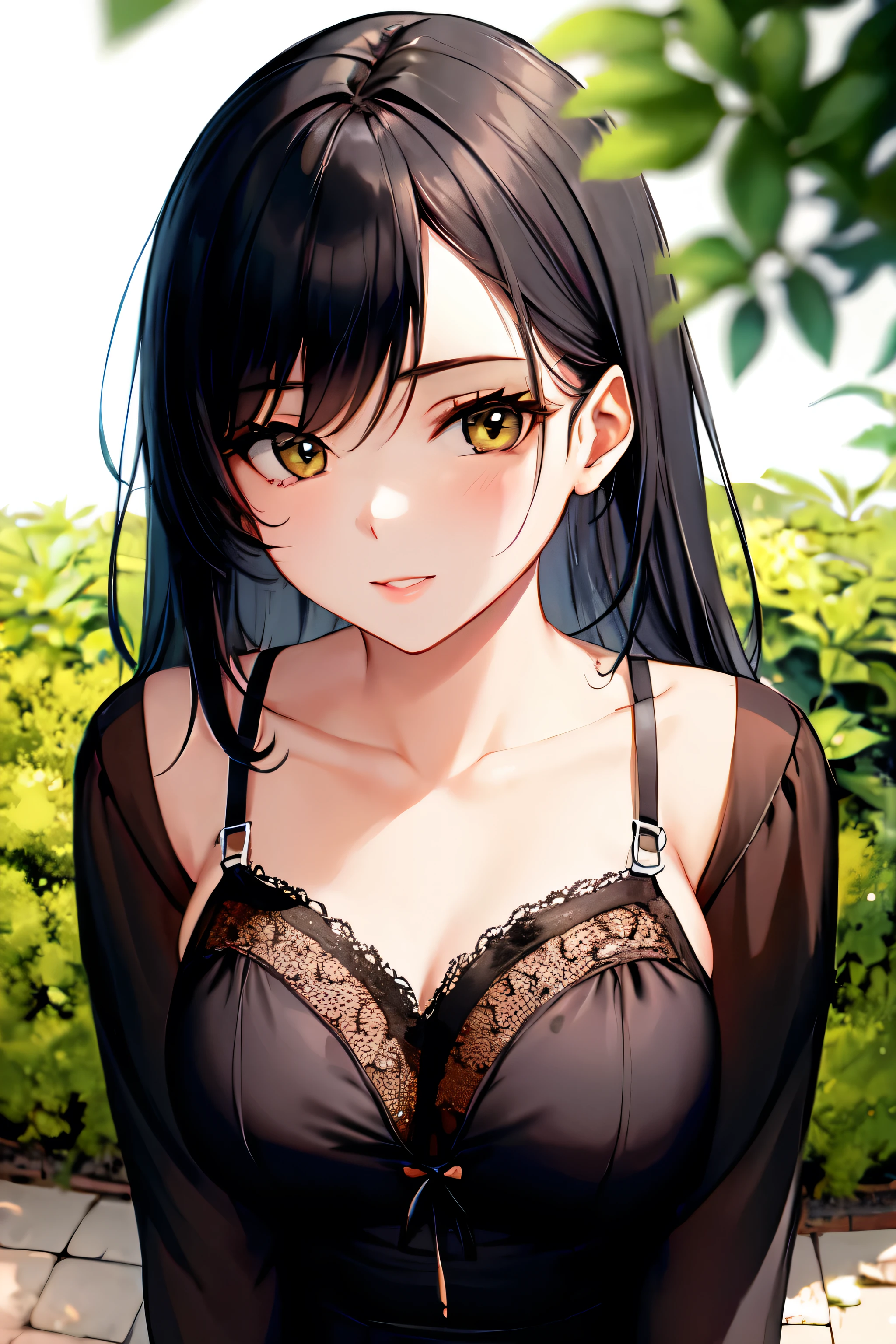 ((mejor calidad)), ((Obra maestra)), (detallado), perfect face woman in black lace lingerie in a garden, lado lateral trasero