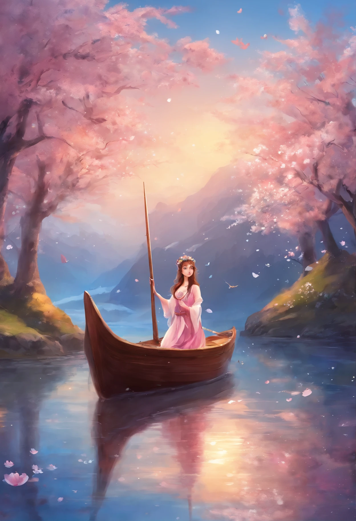 snow maiden, Vesna, cherry blossoms, Young woman, sailing a boat on the river, (blue dress) ,Sakura blossoms, white petals fly around.