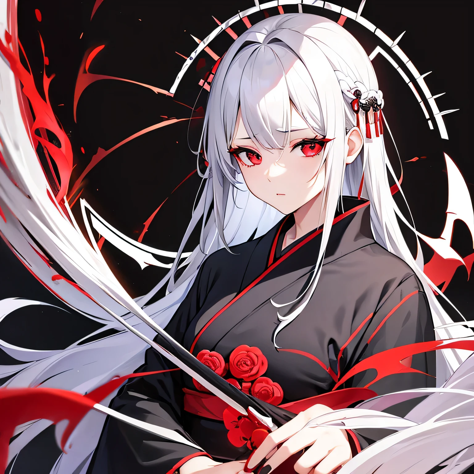 Beautiful woman with gray hair in kimono、Red eyes、Expressionless、Higanbana flowers are blooming everywhere..、Black background、Her white hair is down、The whole body is visible、Holding a long black scythe、Confused Eyes、Red spots in the hair、The tips of the hair are also red.、
