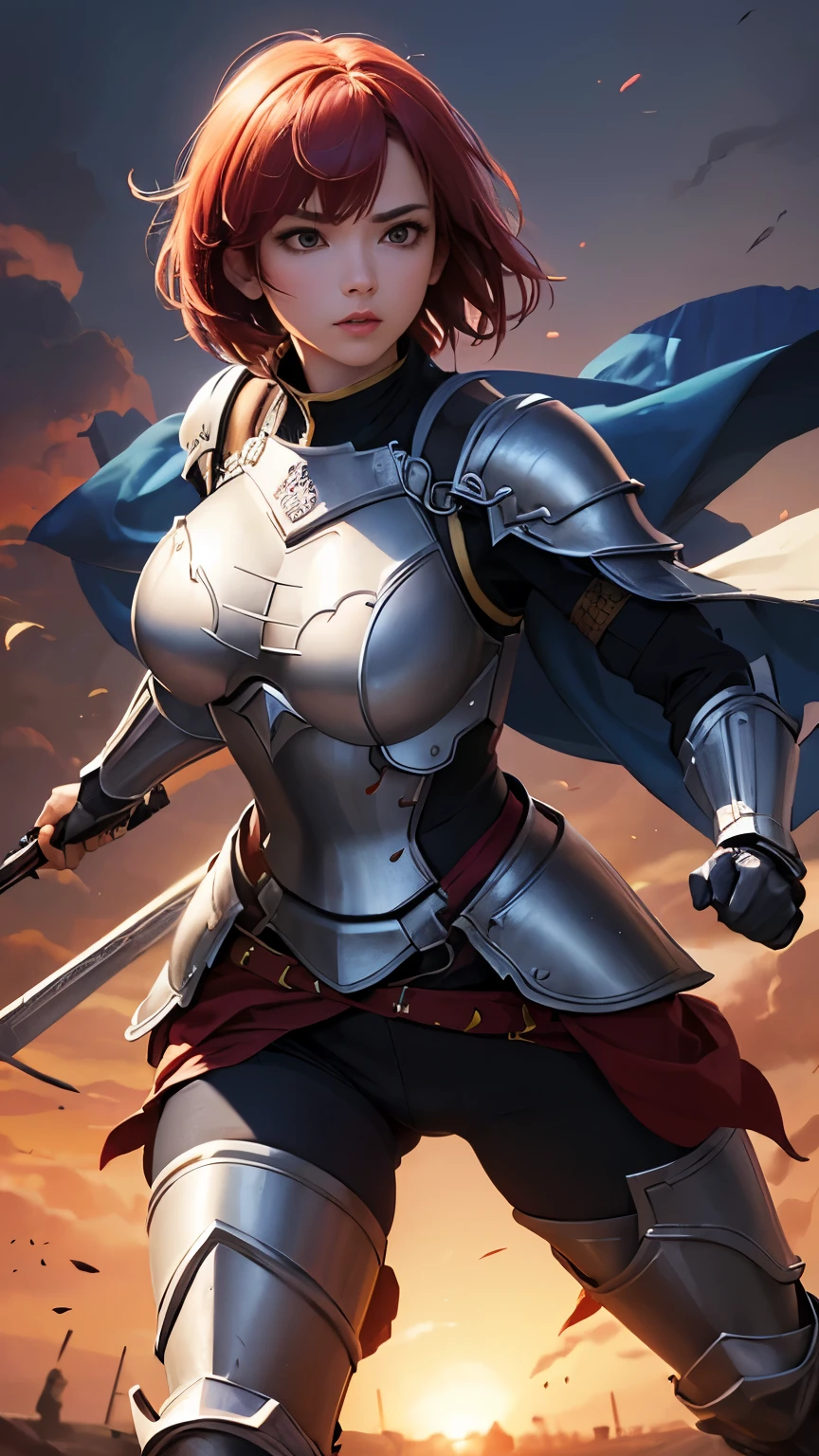 ((Highest quality))、((8K))、((Warrior))、((woman))、Slit eyes、((大人のwoman))、whole body、（armor）、((whole bodyarmor))、Parakeet Head、Short Hair、((battlefield))、Cape、((Real))、Big Breasts、pants