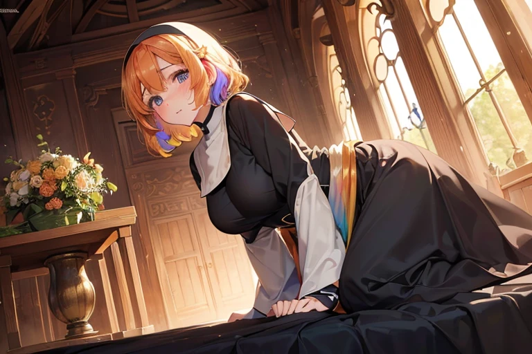 (One transcendent beautiful girl)、((Nuns))、((One Male Traveler、後ろからNunsを抱きしめる))、ultra-detailed、(8k, RAW photo, best quality, masterpiece:1.2), (extremely detailed 8k wallpaper),professional lighting,sharp focus, depth of field、((full body)),((Detailed and accurate face))、fws,((Short golden fluffy bob、Rainbow colored curly hair、Curly hair))、((Monastic uniform、Long skirt))、Embarrassed、blush、Puzzled、sexual excitement、Sweat、Chapel,night