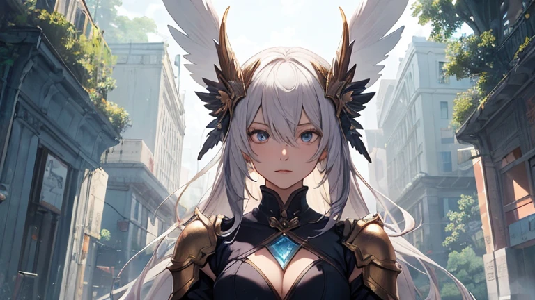 ((best quality)), ((masterpiece)), (detailed), Perfect face,Woman dressed in futuristic clothing,Standing in front of a big tree,Feathered wings, Archangel Knight,girl, Armor Girl, 穿着机甲网络装甲的girl, 十二生肖girl的骑士, Mechanized Warrior Girl, Anime Fantasy Artwork, 女性动作动漫girl, 美丽的天使girl, Portrait of the Zodiac Girl Knight, Anime Fantasy Illustration, As a mysterious Valkyrie, Anime Fantasy Artwork