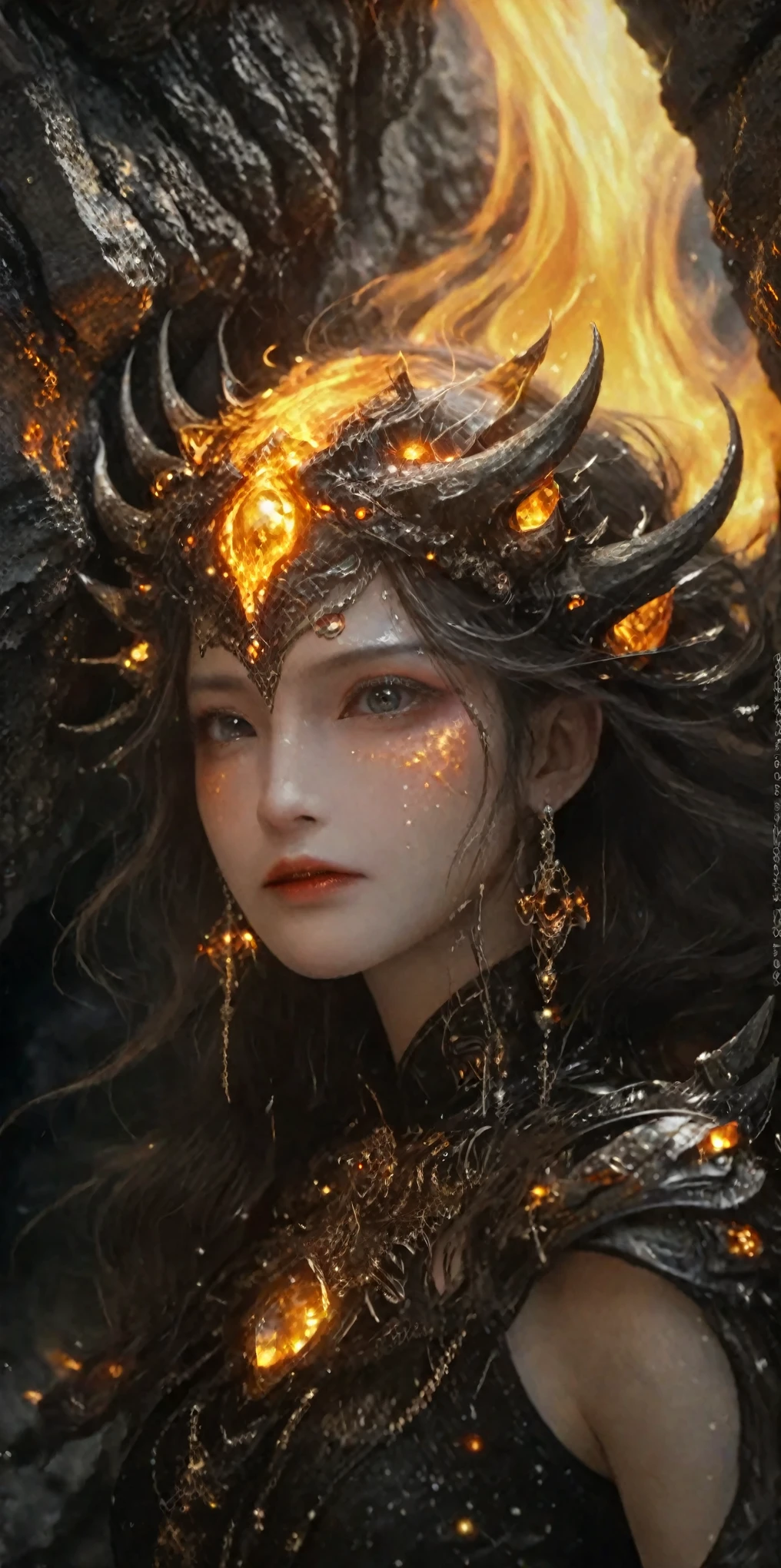 Full body portrait of a colossal lava demon, forged from molten rock and stone, viewed from below. The demon’s towering form and power are emphasized by a low-angle perspective, as if through a 100mm lens. The composition follows the Golden Section, with the demon centered, showcasing its dramatic scale. High contrast backlighting highlights the demon’s intricate costume details, mirroring flowing lava’s fluidity and texture. Set in an indoor volcanic cave, the scene embodies the raw might and fury of elemental forces, with the demon’s facial features and posture adding to the awe-inspiring depiction.
