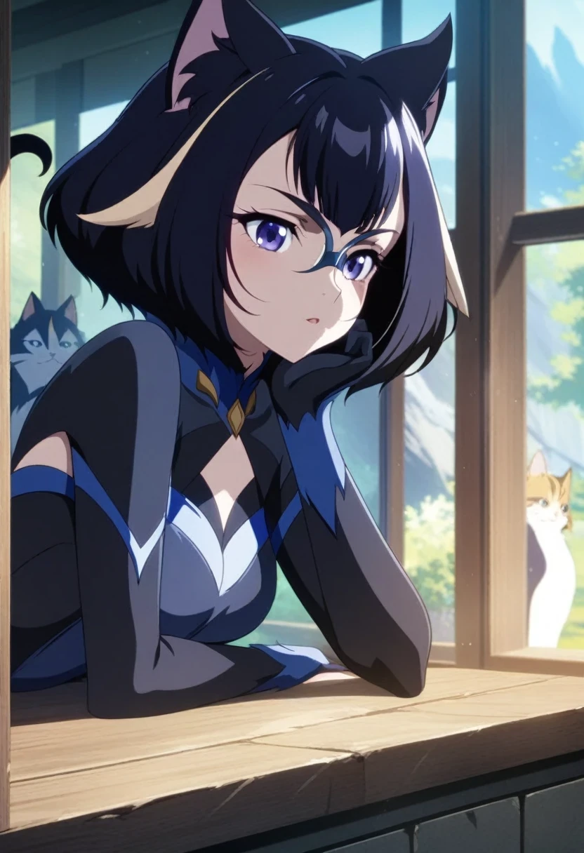 (shylily/(Twich/):1.5),(masterpiece:1.2),(best quality:1.2),Anime girl wearing glasses sitting on the windowsill, Very beautiful Anime cat girl, beautiful Anime catgirl, cat ears anime girl, Anime style 4K, Anime Fantasy Artwork, Anime Fantasy Illustration, Charming cat girl, Beautiful fantasy anime, Anime cat, A beautiful anime portrait, Guviz-style artwork, Beautiful anime, Very beautiful and cute catwoman