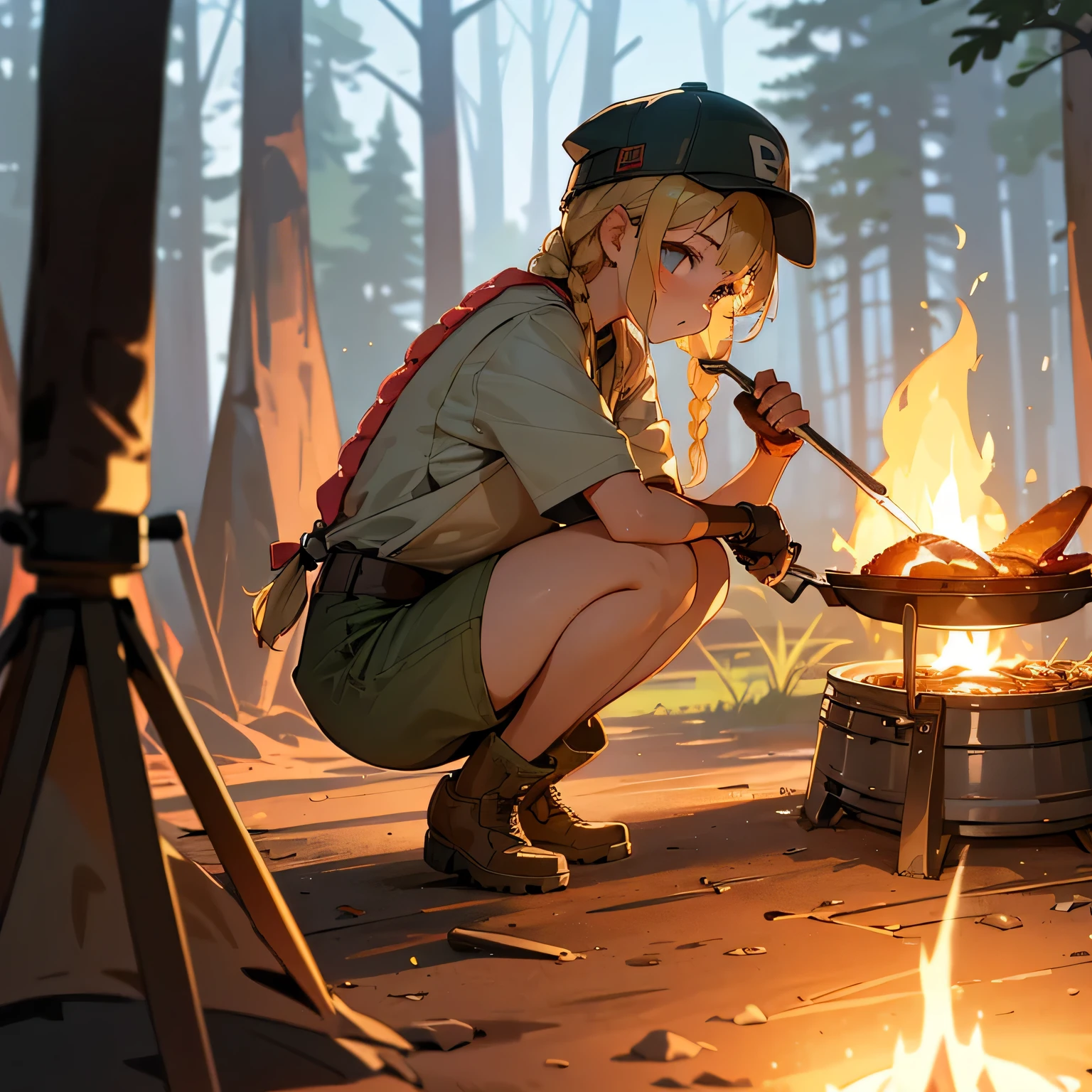 One girl, ( Daytime,whole body:1.5), alone,Watching the audience, Blonde twin-tail braided hair,Wearing cyberpunk goggles on his forehead,Pink baseball cap, White tank top,Khaki leather gloves,Denim shorts,White knee-high socks,Khaki work boots, (A girl is squatting and cooking at a campsite,Holding a black frying pan in front of a campfire:1.5),grass,Outdoor equipment,Outdoor cooking,motor cycle