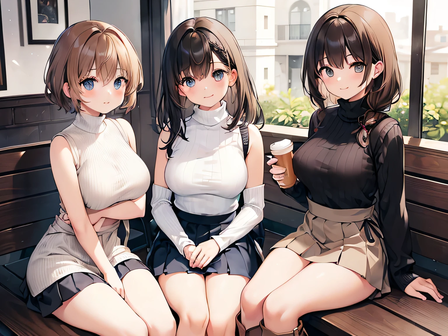 (masterpiece、highest quality、High resolution、Realistic photo、Real looking skin:1.1)、
(Three women are sitting side by side on benches in a cafe:1.8)、
(Smiling happily:1.5),
(The first person was wearing a beige sleeveless turtleneck knit and a pleated mini skirt.、She is wearing brown knee-length boots、I have long black hair:1.5)、
(The second person is wearing a blue short-sleeved turtleneck sweater and a pleated he is wearing brown knee-length boots、She has short brown hair.:1.5)、
(The third girlfriend is wearing a white short-sleeved V-neck knit and a pleated he is wearing black knee-length boots、It&#39;s short black hair:1.5)、
(The location is a cafe bench.:1.5)、
Full Body Esbian、Beautiful Eyes、Shining Eyes、Shining thighs、NSFW