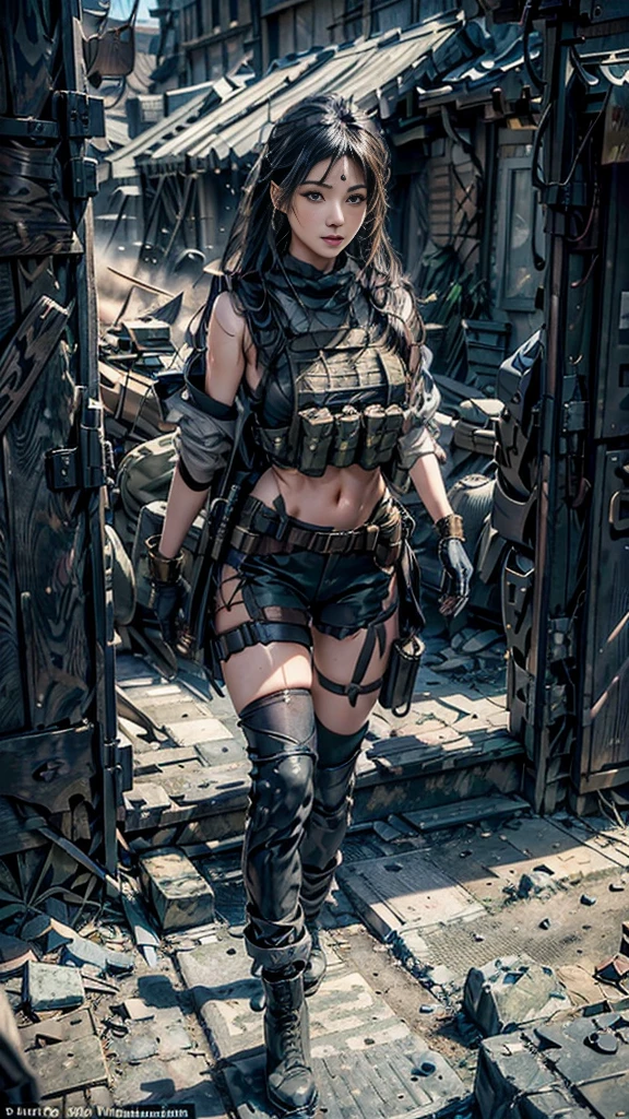 (Realistic photos:1.3, 16k, highest quality, masterpiece, Ultra-high resolution), Perfect dynamic composition:1.2, Very detailedな肌と顔の質感:1.2, , (Covered in scars:1.0, war:1.0, battlefield:1.0, warの世界:1.0, Increase the disruptive element:1.0, rubble:1.0, Innovative Configuration:1.0), Professional camera work, Action pose:1.0, Very detailed, Beautiful Japanese women serving in the US military, (Automatic rifle:0.5, Bulletproof vest:0.5, Torn clothes:1.0, Backpack:0.5, boots), Incredibly slim body, Fair skin, Very beautiful face, Stern expression, Shapely breasts, Chest gap, (Big eyes that exude beautiful eroticism, Lips that exude beautiful eroticism), Cowboy Shot, necklace, Earrings, bracelet