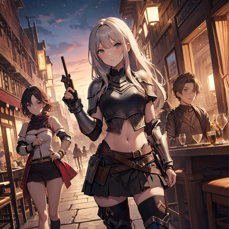 A group of  female medieval fantasy adventurers, (in tavern), various hair styles, harem, night, details face, short skirt, seducing, sleeveless, armor, midriff 