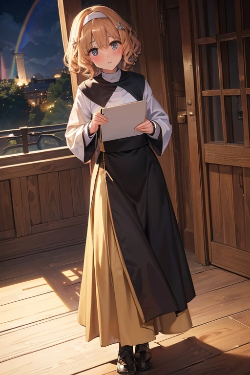 (One transcendent beautiful girl)、((Nuns))、((One Male Traveler、後ろからNunsを抱きしめる))、ultra-detailed、(8k, RAW photo, best quality, masterpiece:1.2), (extremely detailed 8k wallpaper),professional lighting,sharp focus, depth of field、((full body)),((Detailed and accurate face))、fws,((Short golden fluffy bob、Rainbow colored curly hair、Curly hair))、((Monastic uniform、Long skirt))、Embarrassed、blush、Puzzled、sexual excitement、Sweat、Chapel,night