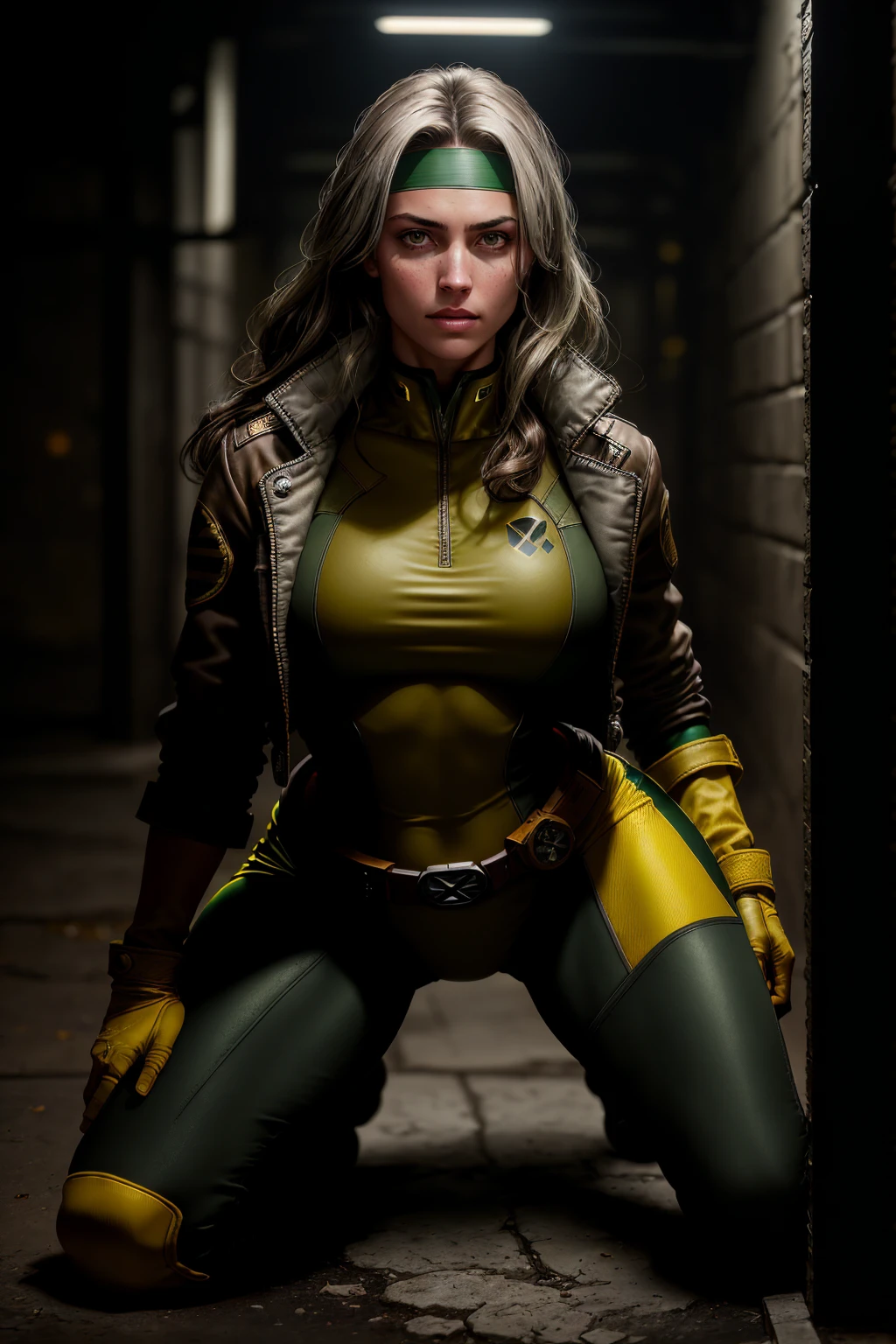 (dark shot: 1.1), epic realistic, Rogue from X-Men, 1 girl, only 1, beautiful, serious, green eyes, dark brown hair, (one white streak of hair), green headband, green and yellow bodysuit, jacket, belt, yellow gloves, open jacket, yellow boots, dark alley background, art by Greg Rutkowski and artgerm, soft cinematic light, Adobe Lightroom, darkroom, HDR, intricate, highly detailed, (depth of field: 1.4), faded, (neutral colors: 1.2), (hdr: 1.4), (muted colors: 1.2), hyper-detail (artstation: 1.4), cinematic, warm light, dramatic light (complex details: 1.1)kneeling, spreading legs wide open ,