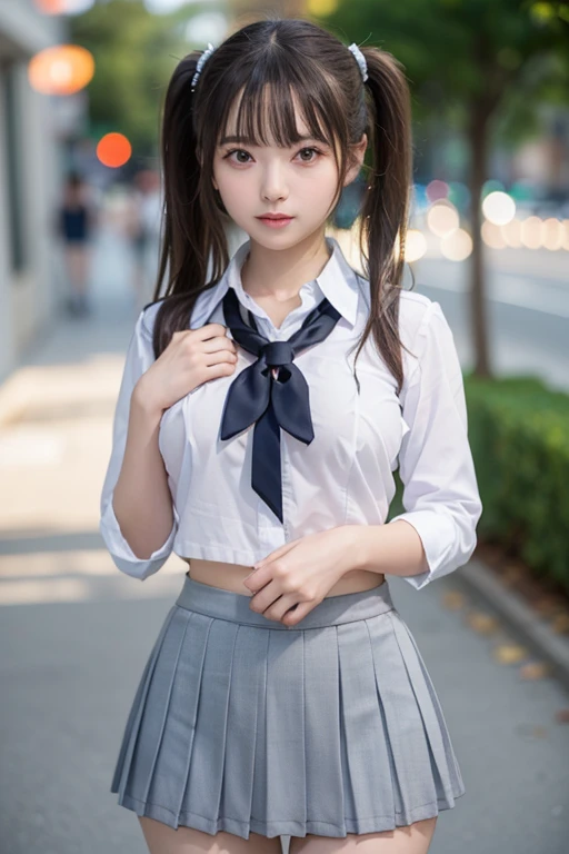(One girl), ((highest quality)), (Very detailed), (Very detailed CG 統合 8k 壁紙), Very detailed, High-resolution RAW color photos, Professional photography, (Twin tails), Great face and eyes, Pink Eyes, (High School Uniform, Pleated mini skirt:1.3), (High with wide open breasts:1.5), Beautiful big breasts, Bare Chest, (Amazingly beautiful girl), (((Bokeh))), Depth of written boundary,