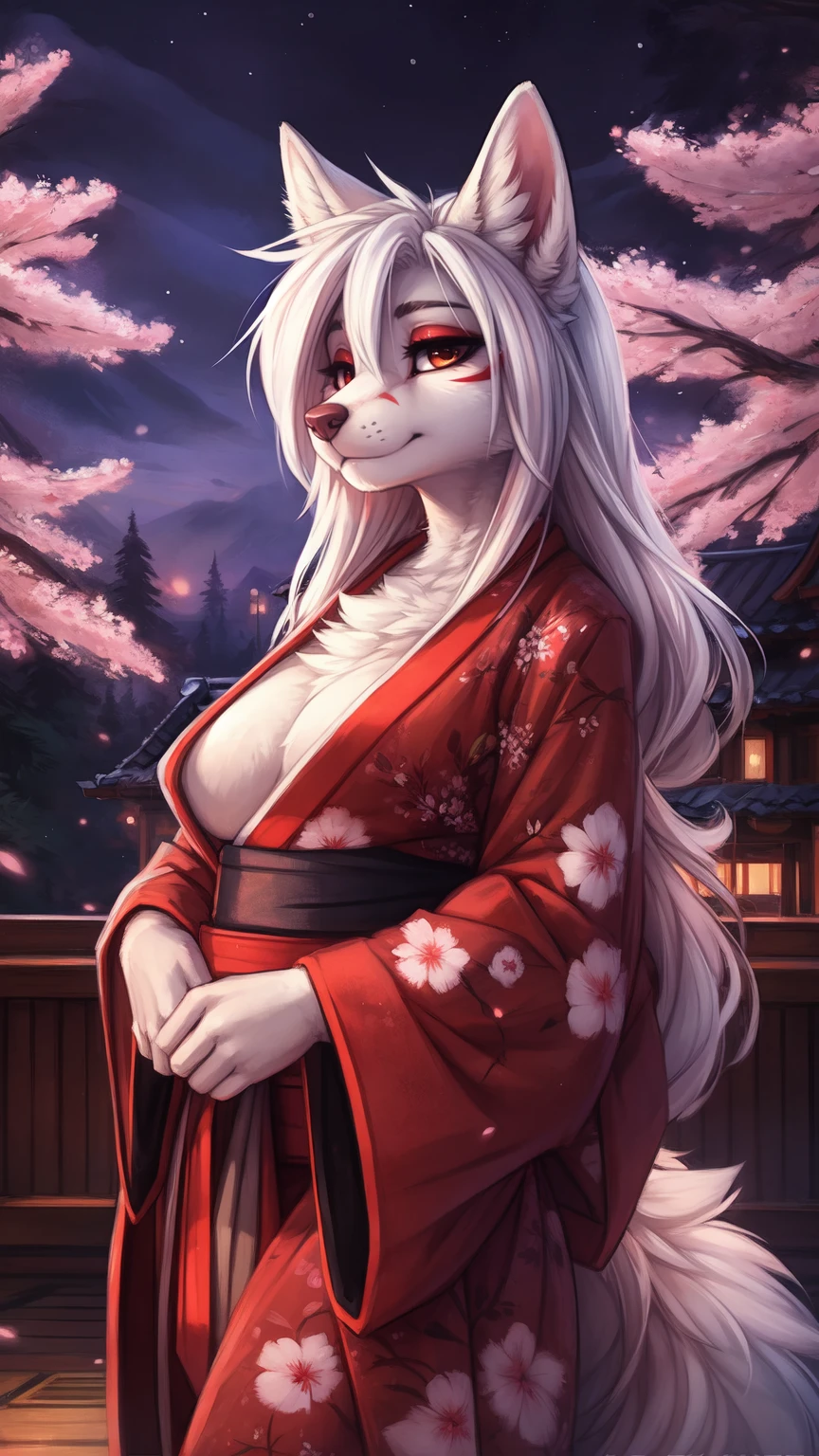 by kenket, Ross Tran, ruan jia, zaush, foxovh, by Zackary911, by hyattlen, by teranen, by fumiko, by Pixelsketcher, by fluff-kevlar, bye r-mk, by Dimwitdog, Furry, Anthro, (geisha), (luxurious kimono), female white fox with red markings, kemono, big breasts, long (elegant) white hair, hourglass body, alluring eyes, looking at viewer, red markings on face, white fur, traditional japanese, magic fantasy, (mature), milf, tall, curvy, outdoors, cherry blossoms, nighttime, (red eyeshadow), red eyeliner, very expensive kimono with detailed cherry blossoms on it, properly worn kimono,