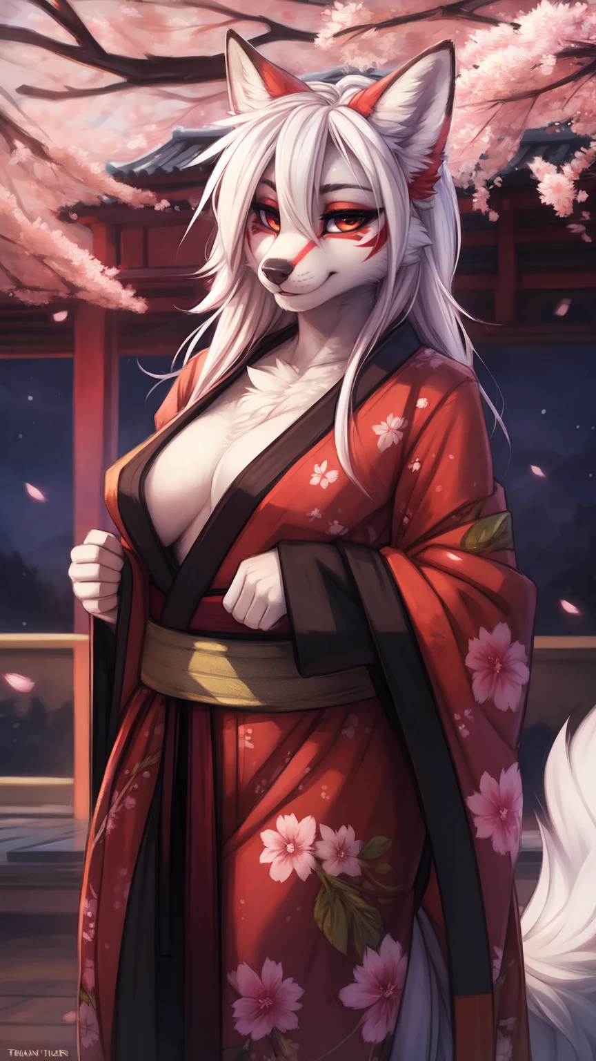 by kenket, Ross Tran, ruan jia, zaush, foxovh, by Zackary911, by hyattlen, by teranen, by fumiko, by Pixelsketcher, by fluff-kevlar, bye r-mk, by Dimwitdog, Furry, Anthro, (geisha), (luxurious kimono), female white fox with red markings, kemono, big breasts, long (elegant) white hair, hourglass body, alluring eyes, looking at viewer, red markings on face, white fur, traditional japanese, magic fantasy, (mature), milf, tall, curvy, outdoors, cherry blossoms, nighttime, (red eyeshadow), red eyeliner, very expensive kimono with detailed cherry blossoms on it, properly worn kimono,