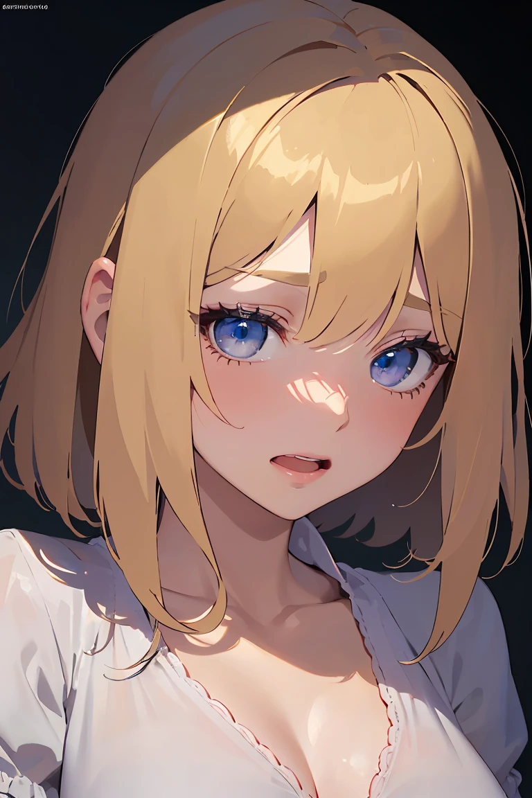 masterpiece, absurdres, best quality, ultra detailed, high Resolution, detailed illustration, bright colour, (extremely beautiful detailed face and eyes, Delicate beautiful face, 1 girl, cute face:1.3), (magenta eyes:1.1), sparkling eyes, big eyes, medium breasts, (perky breasts:1.1), (pointy breasts:1.1), medium hips, glamorous body, white skin, BREAK, long bob cut, (blonde hair:0.8), messy hair, detailed hair, shiny hair, BREAK (tunic, down blouse:1.5), perfect lighting, (embarrassed:1.5), (ecstasy, vulgarity:1.5), (trembling:0.8),  