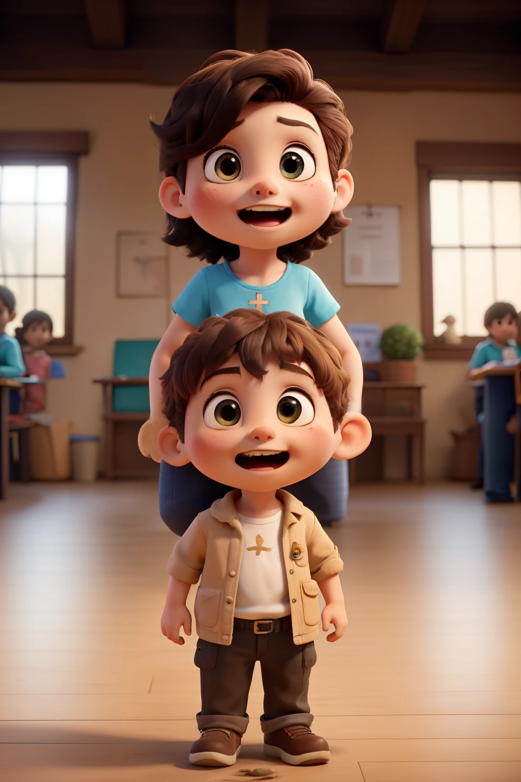 Quiero una imagen tipo cartton, the title that says JESUSSOBRENATURAL and LITTLE SUMMER SCHOOL and some children playing and references to the miracles that Jesus did on earth all kinds of cardboard