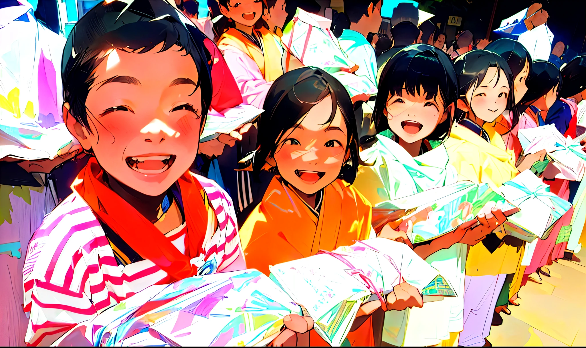 several child们 are holding wrapped presents in a line, child们, child们's, child, Awards, Incredibly beautiful, Provide happy meals, childs, Give people gifts, Stunning visuals, subtitle, lifelike, special, author:Jennifer Bartlett, bright Smile, , Warm and convivial atmosphere, Slideshow, laos, Center Shot, author:Samuel Scott, Smile