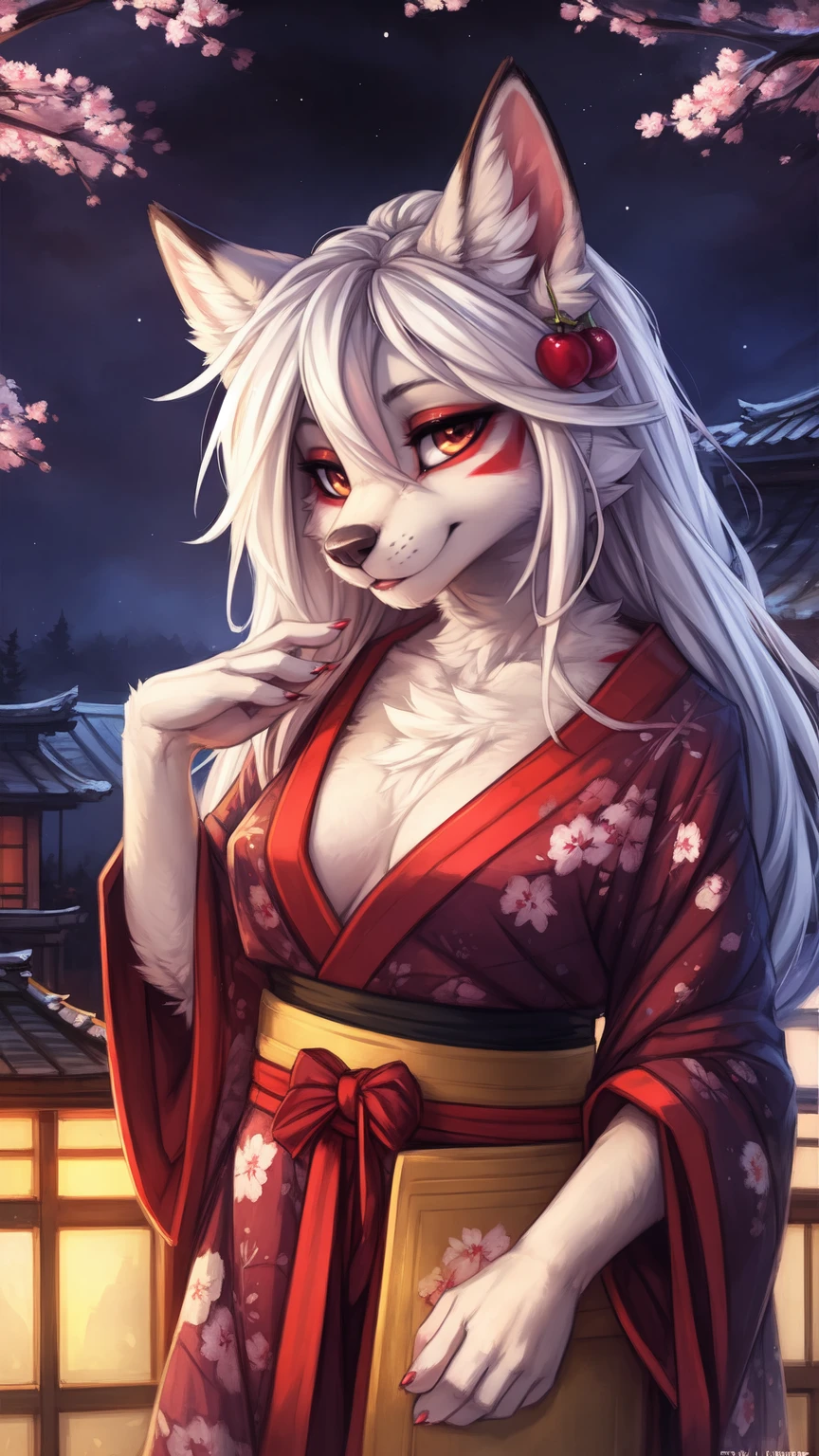 by kenket, Ross Tran, ruan jia, zaush, foxovh, by Zackary911, by hyattlen, by teranen, by fumiko, by Pixelsketcher, by fluff-kevlar, bye r-mk, by Dimwitdog, Furry, Anthro, (geisha), (luxurious kimono), female white fox with red markings, kemono, big breasts, long (elegant) white hair, hourglass body, alluring eyes, looking at viewer, red markings on face, white fur, traditional japanese, magic fantasy, cute, curvy, outdoors, cherry blossoms, nighttime, (red eyeshadow), red eyeliner, very expensive kimono with detailed cherry blossoms on it, properly worn kimono,