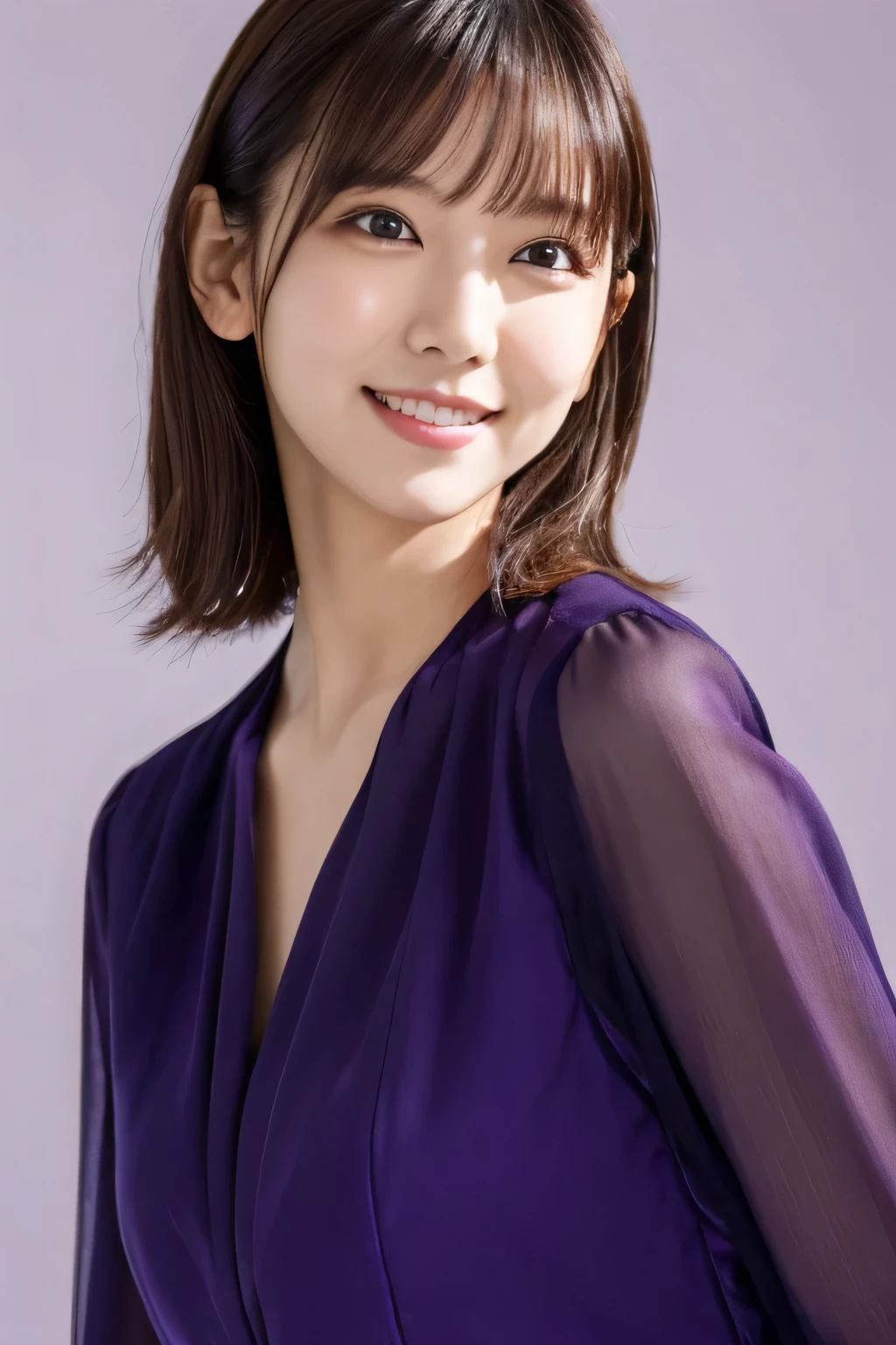 1 girl, (Wearing a deep purple outfit:1.2), Very beautiful Japanese idol portraits, 
(RAW Photos, highest quality), (Realistic, Realistic:1.4), (masterpiece), 
Very delicate and beautiful, Very detailed, 2k wallpaper, wonderful, finely, Very detailed CG Unity 8K wallpaper, Very detailed, High resolution, Soft Light, 
Beautiful detailed girl, Very detailed目と顔, Beautiful and sophisticated nose, Finely beautiful eyes, Cinema Lighting, 
(Simple light color background:1.3),
(Medium Hair), 
Complete Anatomy, Slender body, Small breasts, smile