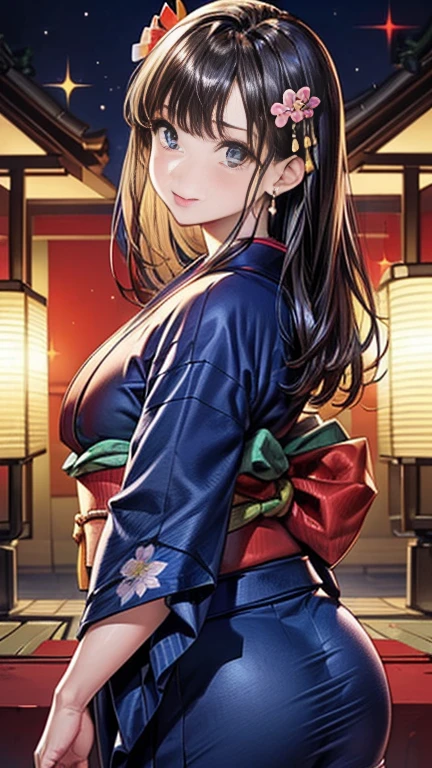 (((highest quality)), ((masterpiece)), (Very detailed), (Beautiful detailed sparkle)), 8K, ((Symmetrical facial features)), ((Realistic)), CG illustration, Anime 2D Rendering, Realistic young anime woman,

One Girl: 1.5, 

((Symmetrical facial features)), (Beautiful details、Shining Eyes), Perfect Face, Beautiful clavicle, Beautiful fingers, Beautiful body, Beautiful thighs, Beautiful legs, Beautiful breasts, Perfect round ass, 
(Beautiful white skin:1.5), (Shiny skin:1.2), Slightly smaller chest, 20-year-old, 

Beautiful Hair, Hair fluttering, Black Hair, (Long Hair), 

 (kimono:1.2、Dark blue kimono、Flower pattern kimono:1.4)、 Captivating smile、look back,
