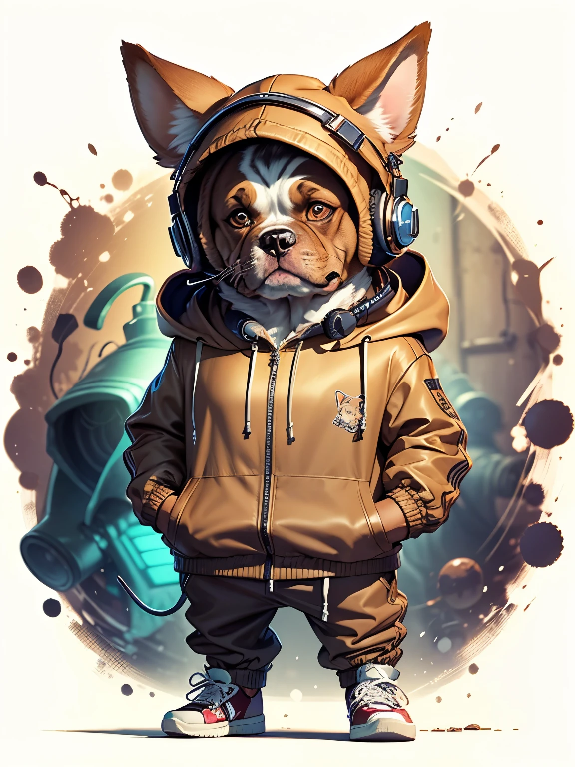 c4tt4stic, Cartoon dog breed Boxer in a brown jacket and brown hoodie with headphones and sneakers