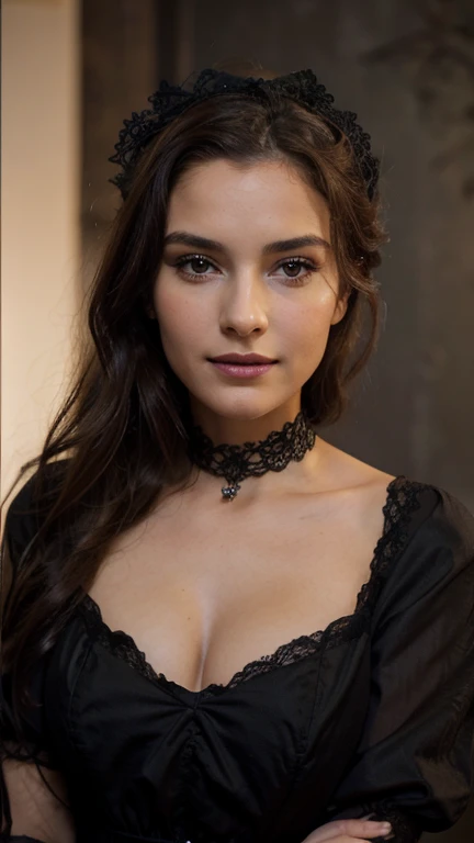 Jeune femme de 25 ans, visage fin, cheveux long, yeux marrons, HD, 8K, masterpiece, sourire romantique, maquillage noir, black lips, tenue gothique, vêtements noirs et violets, toile d'araignée en dentelle, cheveux noirs et violets