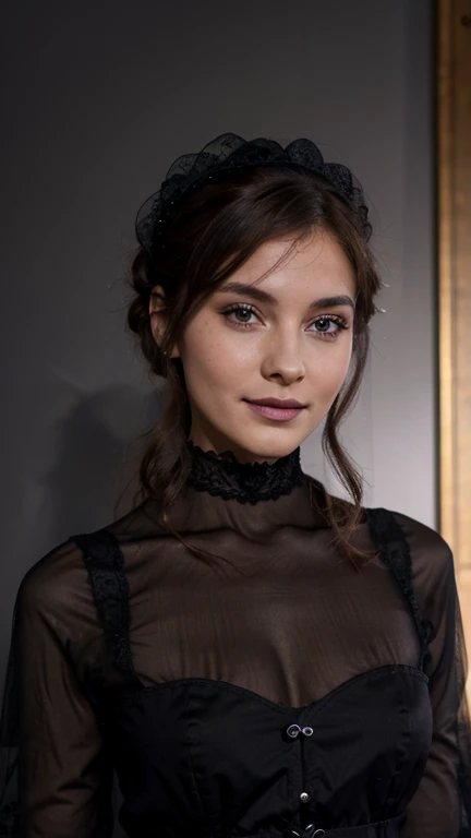 Jeune femme de 25 ans, visage fin, cheveux long, yeux marrons, HD, 8K, masterpiece, sourire romantique, maquillage noir, black lips, tenue gothique, vêtements noirs et violets, toile d'araignée en dentelle, cheveux noirs et violets