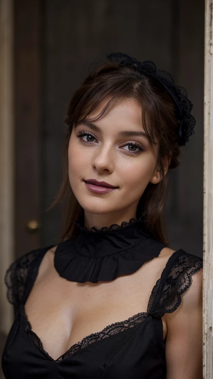 Jeune femme de 25 ans, visage fin, cheveux long, yeux marrons, HD, 8K, masterpiece, sourire romantique, maquillage noir, black lips, tenue gothique, vêtements noirs et violets, toile d'araignée en dentelle, cheveux noirs et violets