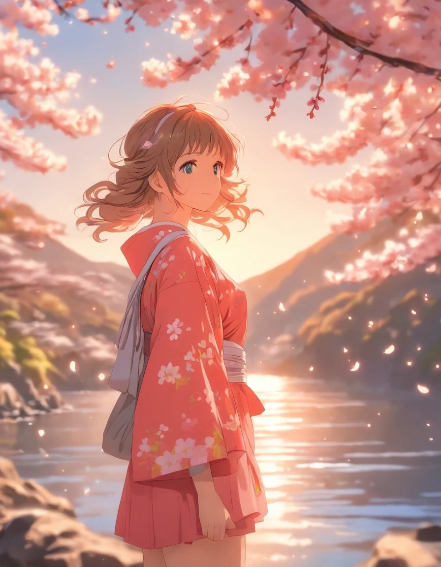 anime style, very fine illustration, high detail, dynamic foreshortening, excellent detail, 8k, The girl is impressed by the cherry blossom in Fuji-Hakone-Izu National Park and the blue sky on the shore of a lake with a mountain. Sakura petals dance in the wind, the surface of the lake is calm, and the girl's expression is sincerely touched by the beauty of nature.