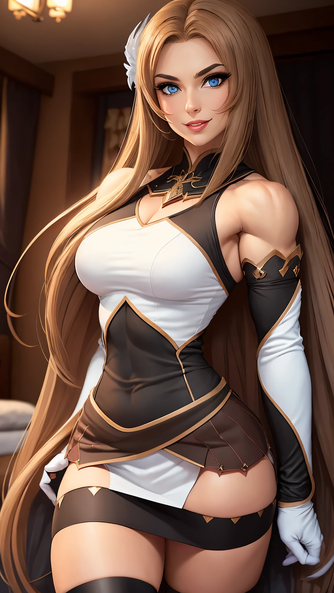 1girl, walking proudly, marta lualdi, blue eyes, brown hair, long hair, hair ornament, hair between eyes, dress, detached sleeves, white silk gloves, miniskirt, black thighhighs, fallen hero cape, winged, sword in its sheath behind her back, divine weapon behind herself, abs, very strong, agile, fit, muscles, flat chest, muscular, (steroid:0.6), female bodybuilder, powerful, godly, classy, modesty, glamourous, dominant, arrogant, proud, confident, mean, super tall, smirking, fangs, lipstick, eye shadow, blush, makeup, looking at viewer, (from below:0.7), Honeymoon bed with curtains underneath a waterfall, dark night, extremely detailed, high quality, high resolution face, score_9, score_8_up, solo,