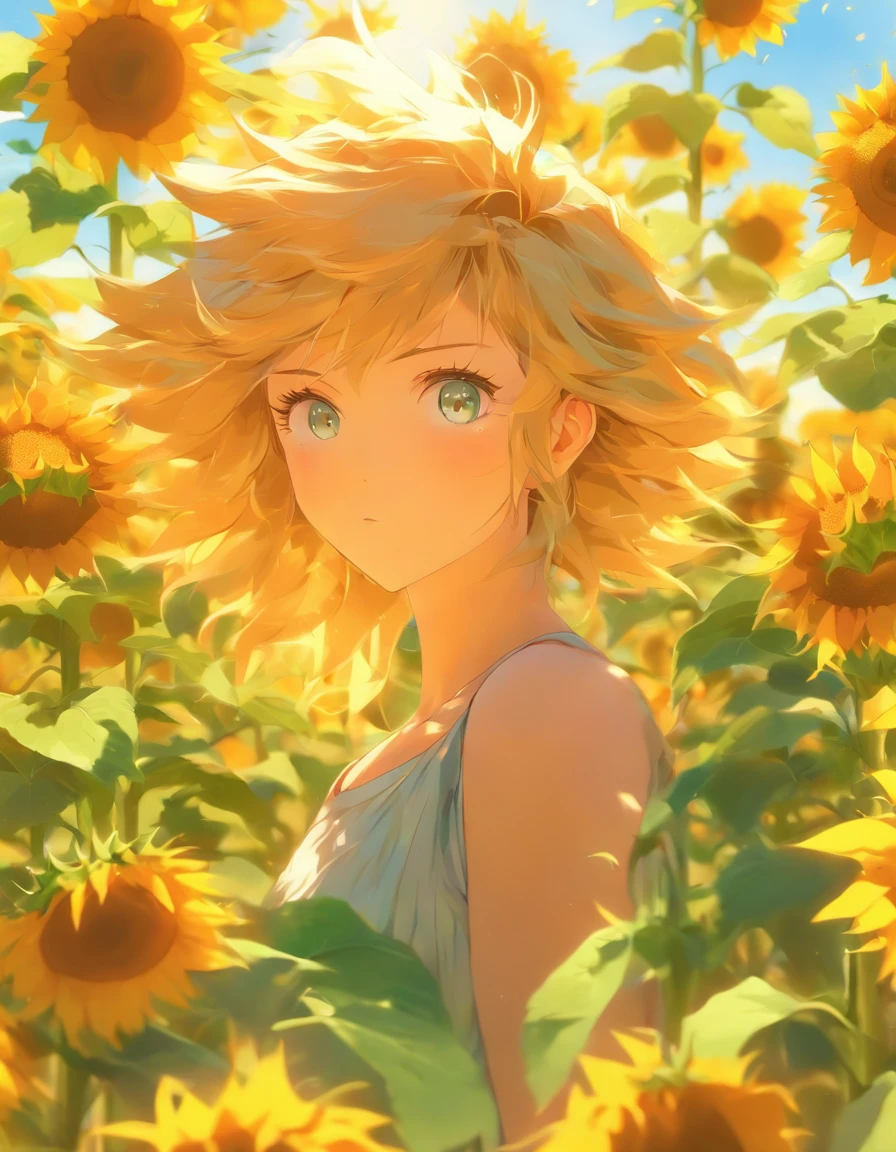 anime style, very fine illustration, high detail, dynamic angle, great detail, 8k, summer day, field of sunflowers, sunny day. BREAK The woman stands motionless, fascinated by the beautiful scene, watching the sunflowers bloom. The expression on her face says that she is sincerely delighted with the summer and the beauty of the blooming sunflowers. 