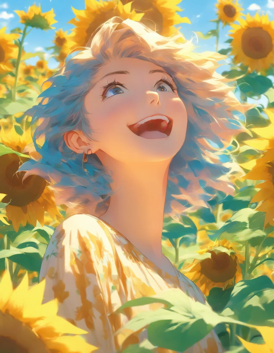 anime style, very fine illustration, high detail, dynamic angle, great detail, 8k, summer day, field of sunflowers, sunny day. BREAK The woman stands motionless, fascinated by the beautiful scene, watching the sunflowers bloom. The expression on her face says that she is sincerely delighted with the summer and the beauty of the blooming sunflowers.
