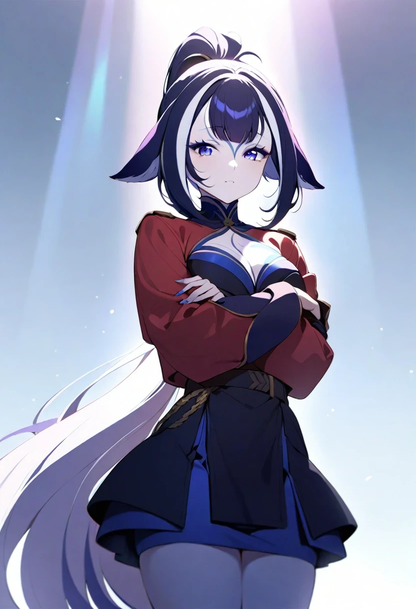 (shylily/(Twich/):1.5),(masterpiece:1.2),(best quality:1.2),1 girl, whole body, (Delicate and beautiful eyes: 1.2), (Beautiful and delicate face), High contrast, (Optimal lighting, Extremely refined), ((Movie Lighting)), Dramatic lighting, (light white background:1.5), Oversized red jacket, Belt at chest, Ponytail, Black military uniform, Black skirt,