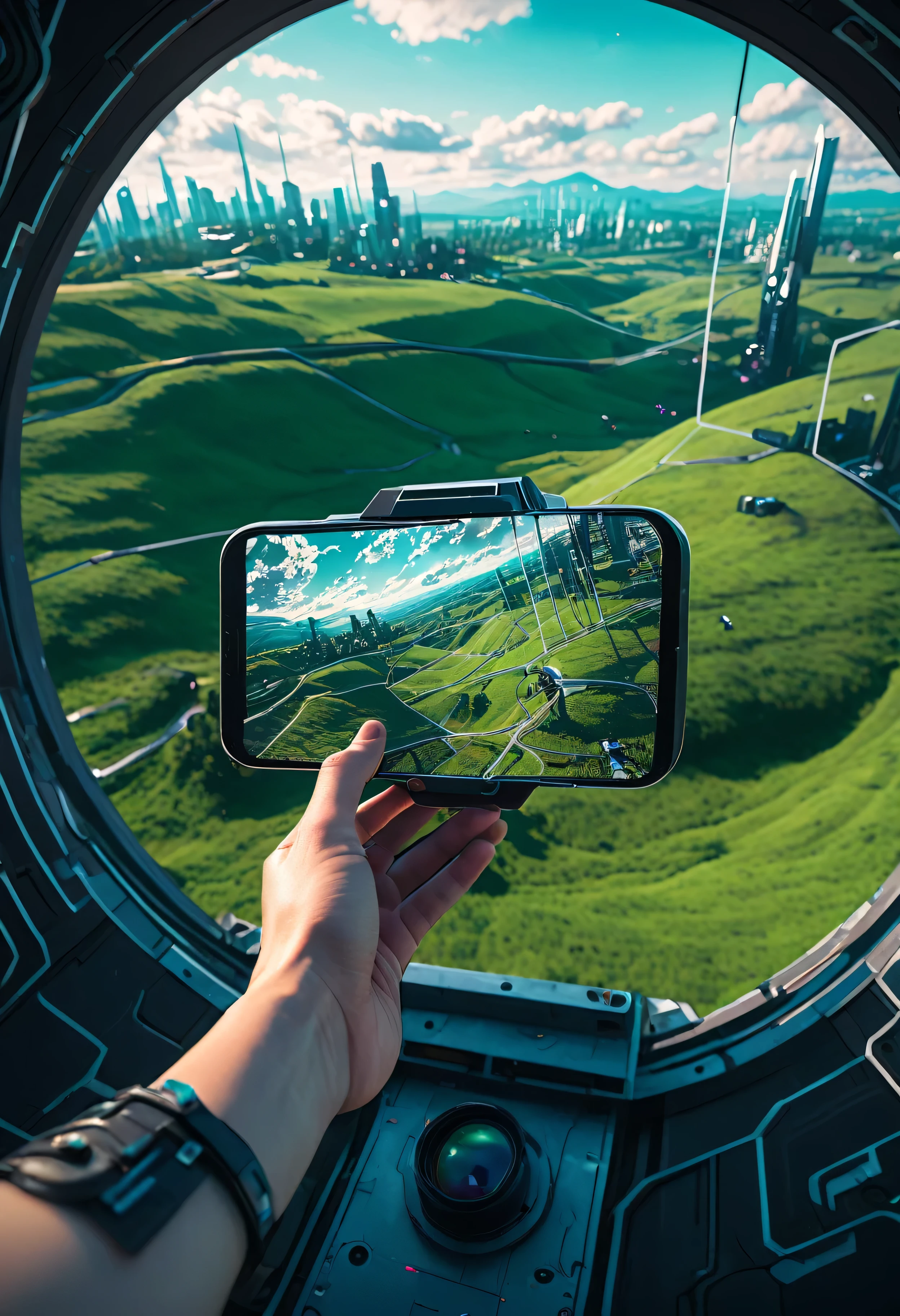 Illustration of a young cyberpunk, augmented reality oculus, close-up, countryside scenery, with outstretched arm touching the void, Cyberpunk Surreal Art Style, Influenced by Deviantart and Ghost in the Shell anime, Camera: POV, Lens: Augmented Reality Lens , Rendering Style: Isometric Assets, 4K Resolution, (((Cyberpunk))), Cinematic,