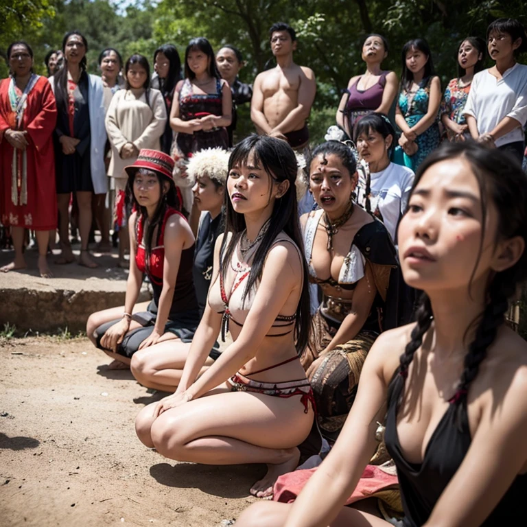 A group of contemporary people, watching with horror a group of indigenous people performing a sacrificial ritual. 