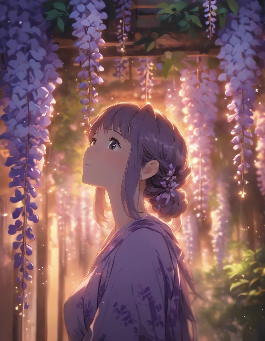 anime style, very fine illustration, high detail, dynamic foreshortening, great detail, 8k, Wisteria trees quietly shine on a spring night, illuminated by city lights. BREAK The woman stands motionless, fascinated by the beautiful scene, watching the wisteria flowers fall. The expression on her face says that she is sincerely delighted with the arrival of spring and the beauty of the flowering wisteria. 