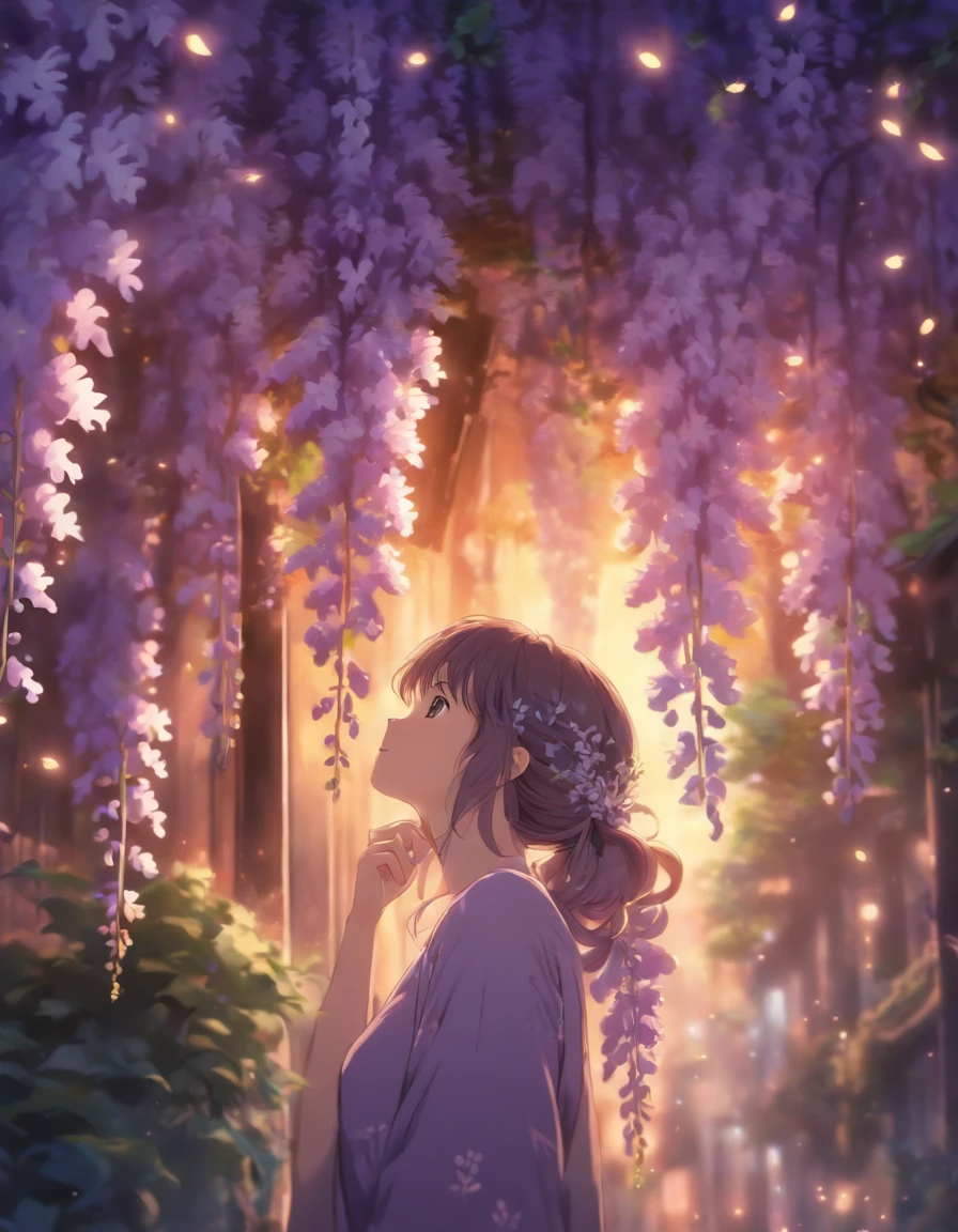 anime style, very fine illustration, high detail, dynamic foreshortening, great detail, 8k, Wisteria trees quietly shine on a spring night, illuminated by city lights. BREAK The woman stands motionless, fascinated by the beautiful scene, watching the wisteria flowers fall. The expression on her face says that she is sincerely delighted with the arrival of spring and the beauty of the flowering wisteria.
