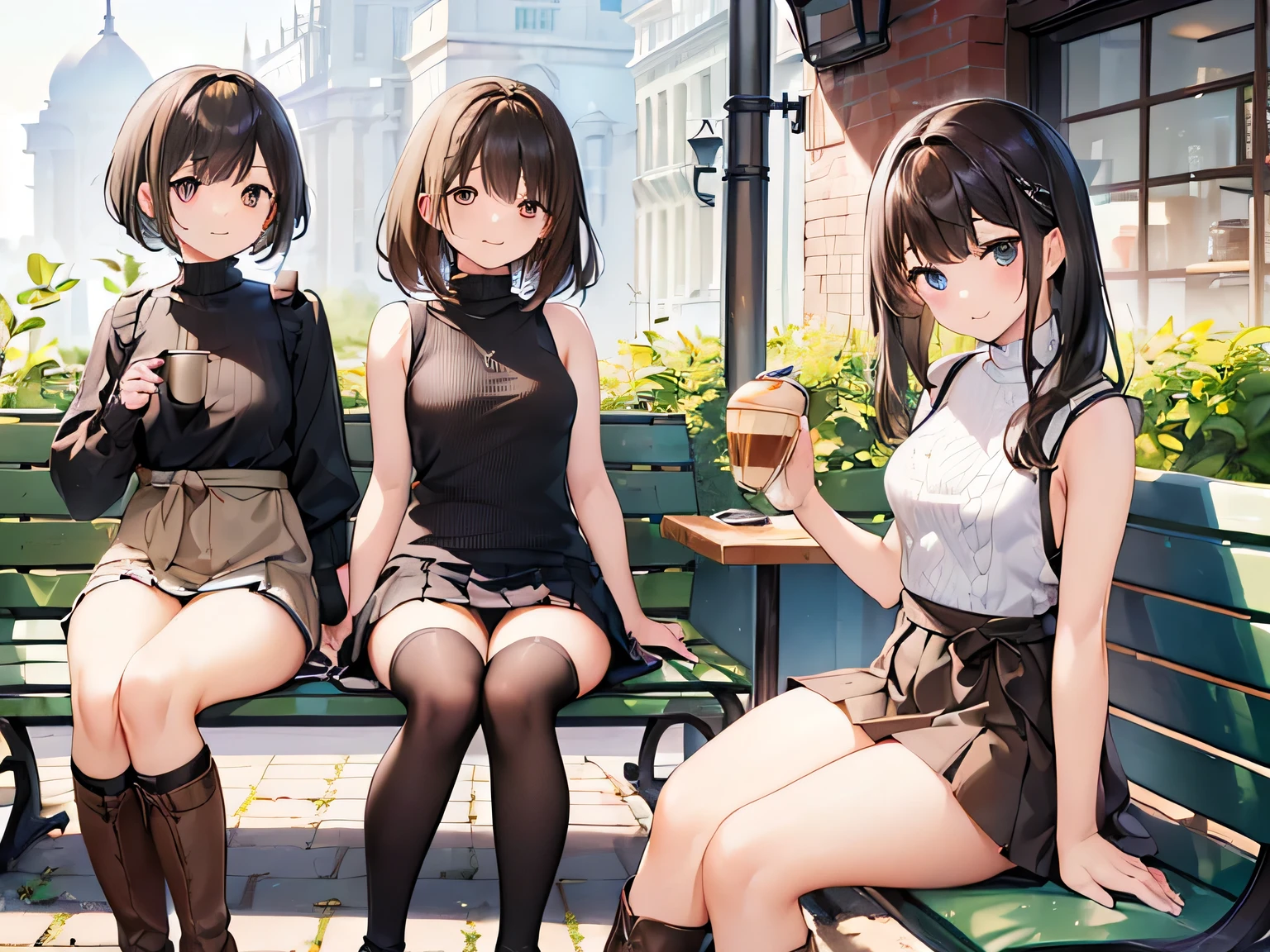 (masterpiece、highest quality、High resolution、Realistic photo、Real looking skin:1.1)、
(Three women are sitting side by side on benches in a cafe:1.8)、
(Legs crossed、The skirt is so short that her panties are visible:1.5)、
(Smiling happily:1.5)、
(The first person was wearing a beige sleeveless turtleneck knit and a pleated mini skirt.、She is wearing brown knee-length boots、I have long black hair:1.5)、
(The second person is wearing a blue short-sleeved turtleneck sweater and a pleated he is wearing brown knee-length boots、She has short brown hair.:1.5)、
(The third girlfriend is wearing a white short-sleeved V-neck knit and a pleated he is wearing black knee-length boots、It&#39;s short black hair:1.5)、
(The location is a cafe bench.:1.5)、
Full Body Esbian、Beautiful Eyes、Shining Eyes、Shining thighs、NSFW