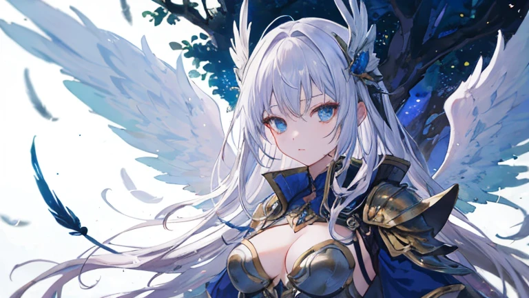 ((best quality)), ((masterpiece)), (detailed), Perfect face，Woman dressed in futuristic clothing，Standing in front of a big tree，Feather wings behind, Archangel Knight，girl, Armor Girl, 穿着机甲网络装甲的girl, 十二生肖girl的骑士, Mechanized Warrior Girl, Anime Fantasy Artwork, 女性动作动漫girl, 美丽的天使girl, Portrait of the Zodiac Girl Knight, Anime Fantasy Illustration, As a mysterious Valkyrie, Anime Fantasy Artwork