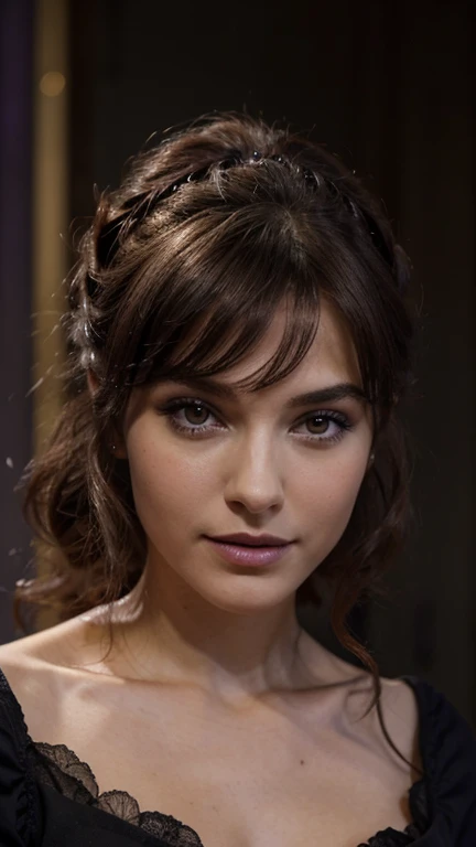 Jeune femme de 25 ans, visage fin, cheveux long, yeux marrons, HD, 8K, masterpiece, sourire romantique, maquillage noir, black lips, tenue gothique, vêtements noirs et violets, toile d'araignée en dentelle, cheveux noirs et violets