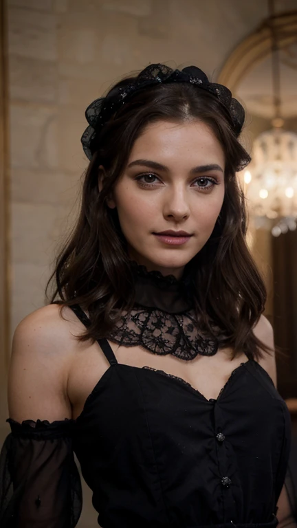Jeune femme de 25 ans, visage fin, cheveux long, yeux marrons, HD, 8K, masterpiece, sourire romantique, maquillage noir, black lips, tenue gothique, vêtements noirs et violets, toile d'araignée en dentelle, cheveux noirs et violets