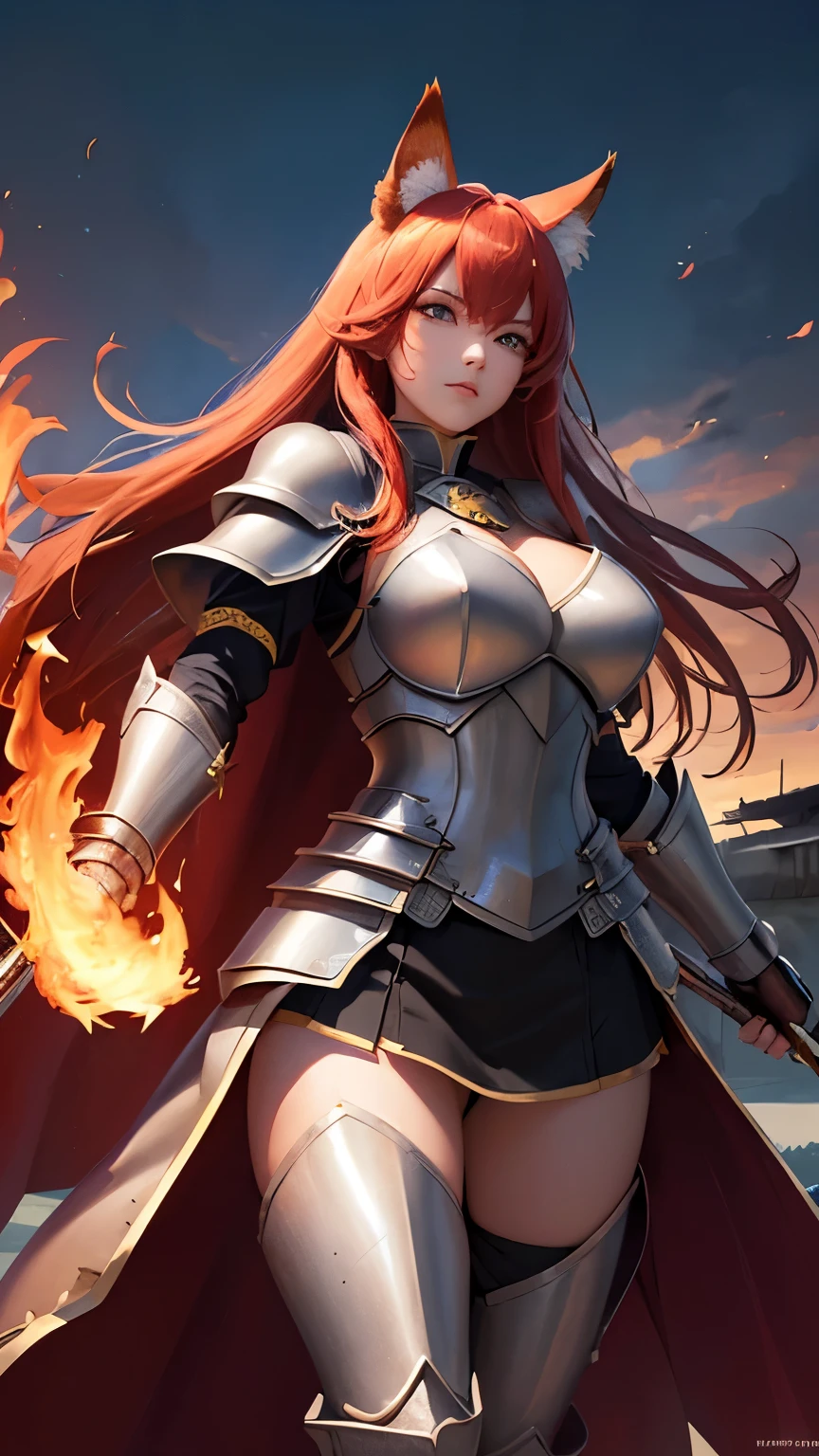 ((Highest quality))、((8K))、((Warrior))、((woman))、Slit eyes、((大人のwoman))、whole body、(armor)、((whole bodyarmor))、Fox Ears、long hair、((battlefield))、Cape、((Real))、Big Breasts、pants、((Flaming Sword))