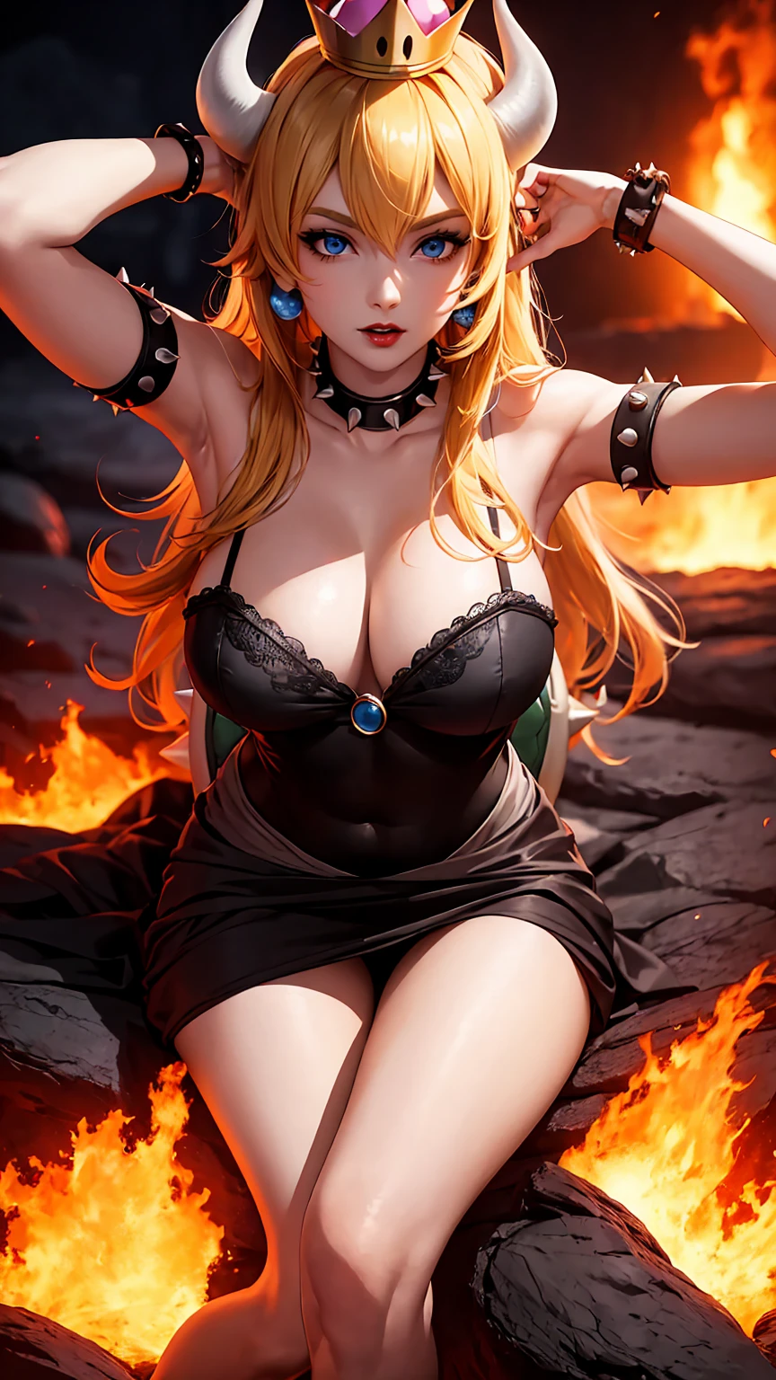 ((high detailed, best quality, 4k, masterpiece, hd:1.3)), ((best quality)), (((HD))), (((8k))), (ultraDH), (ultra HD), Princess Daisy, blue eyes, BREAK blue eyes, seductive, attractive, smooth anime cg art, 36C breasts, long legs, vivid colors, detailed digital art, slim body, perfect skin, dark blonde hair, long hair, blonde hair, blonde hair, BREAK crown, cleavage, 36C cleavage, looking at viewer, BREAK looking at viewer, extremely detailed face, red santa suit, red santa claus suit, santa claus suit, earrings, gem, dark black makeup lips, dark gothic eyeshadows, dark eyeshadows, black eyeshadows, black sexy lips, black lips, (dark:1.2), dark lips, very dark lips, (perfect hands, perfect anatomy), black makeup, black medium lips, black thick lips, detailed fingers, five fingers per hand, 5 fingers, (1 girl), detailed lips, detailed black lips, black painted lips, gothic painted lips, BREAK night, night sky, (breast focus), (arms outstreched:1.2), (from above:1.1), (breasts out:1.3), (off shoulder:1.1), (white horns), (bra), inside a lava castle, she inside a sea of lava, she bathing in lava, full body, perfect long legs, perfect foots, legs and foots into the lava,