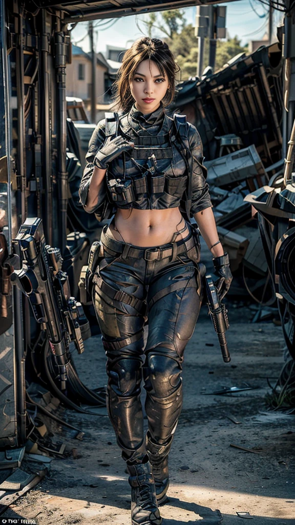 (Realistic photos:1.3, 16k, highest quality, masterpiece, Ultra-high resolution), Perfect dynamic composition:1.2, Very detailedな肌と顔の質感:1.2, , (Covered in scars:1.0, war:1.0, battlefield:1.0, warの世界:1.0, Increase the disruptive element:1.0, rubble:1.0, Innovative Configuration:1.0), Professional camera work, Action pose:1.0, Very detailed, Beautiful Japanese women serving in the US military, (Automatic rifle:0.5, Bulletproof vest:0.5, Torn clothes:1.0, Backpack:0.5, boots), Incredibly slim body, Fair skin, Very beautiful face, Stern expression, Shapely breasts, Chest gap, (Big eyes that exude beautiful eroticism, Lips that exude beautiful eroticism), Cowboy Shot, necklace, Earrings, bracelet