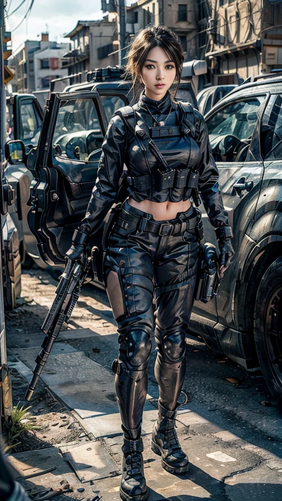 (Realistic photos:1.3, 16k, highest quality, masterpiece, Ultra-high resolution), Perfect dynamic composition:1.2, Very detailedな肌と顔の質感:1.2, , (Covered in scars:1.0, war:1.0, battlefield:1.0, warの世界:1.0, Increase the disruptive element:1.0, rubble:1.0, Innovative Configuration:1.0), Professional camera work, Action pose:1.0, Very detailed, Beautiful Japanese women serving in the US military, (Automatic rifle:0.5, Bulletproof vest:0.5, Torn clothes:1.0, Backpack:0.5, boots), Incredibly slim body, Fair skin, Very beautiful face, Stern expression, Shapely breasts, Chest gap, (Big eyes that exude beautiful eroticism, Lips that exude beautiful eroticism), Cowboy Shot, necklace, Earrings, bracelet